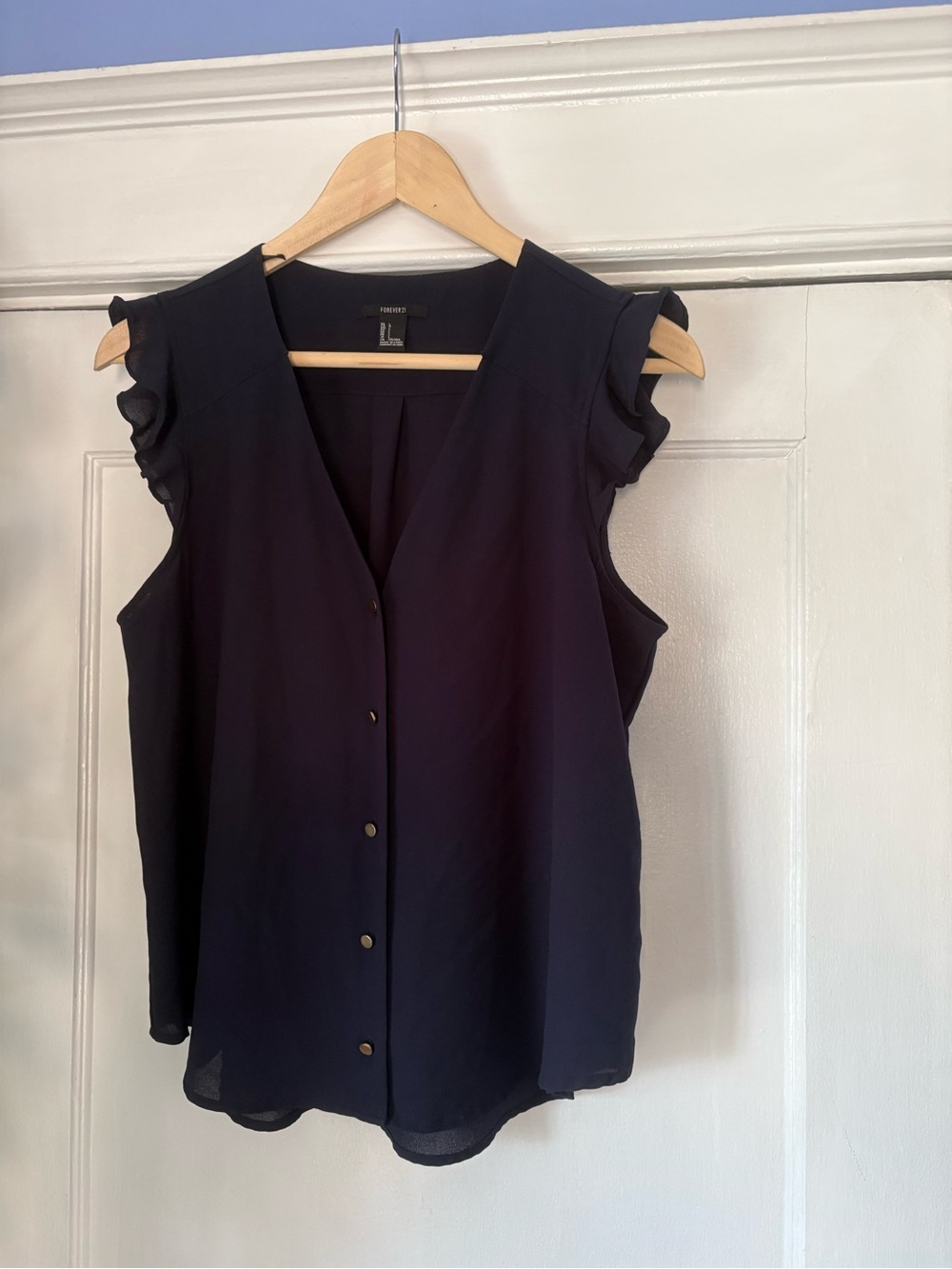 Forever 21 Navy Ruffle Sleeve Button-Front Blouse